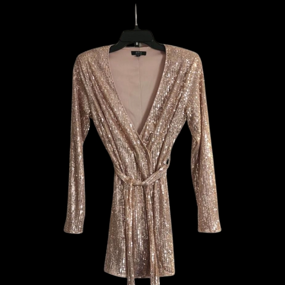 Rose Gold Mini Dress with V-Neck and Tie Waist